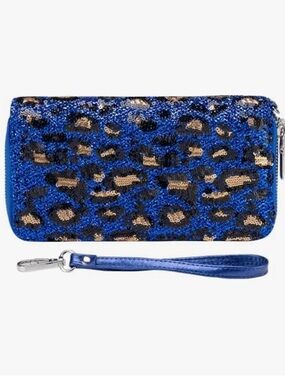 Vegan Leather Double Zip Wallet Easy Wrist Strap Blue Sequin Leopard   NEW